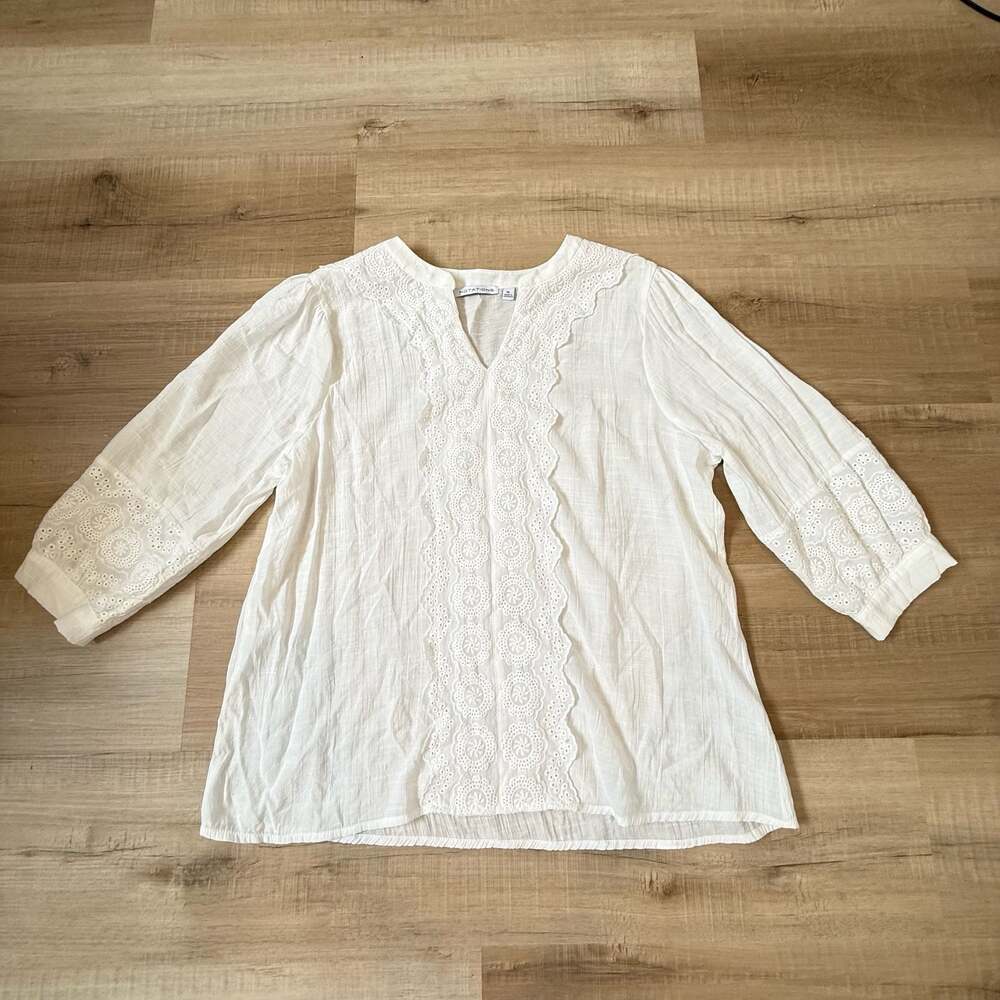 Vtg Notations White Embroidered Lace Trim V-Neck Blouse Size XL